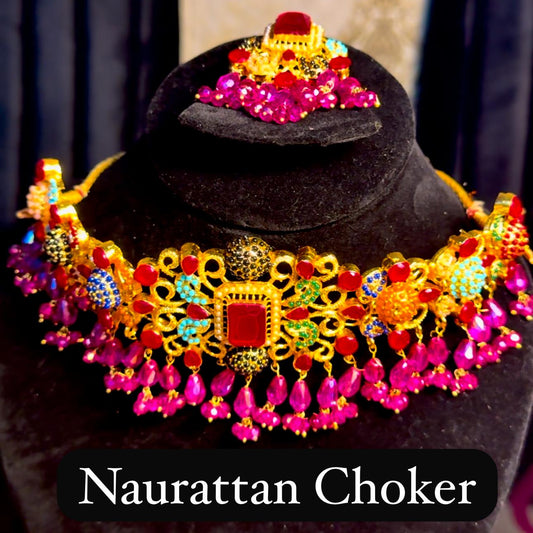 Naurattan Choker Set with Earings and Bindi (Tikka)