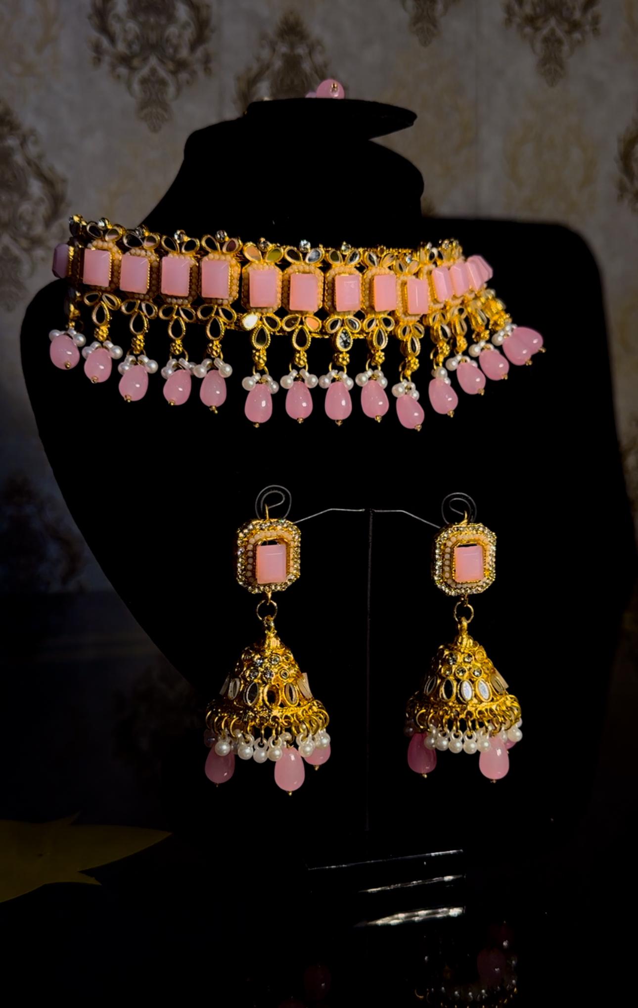 Fancy Pink & Mint Green Choker Set with Jhumka Style Earings + Bindi