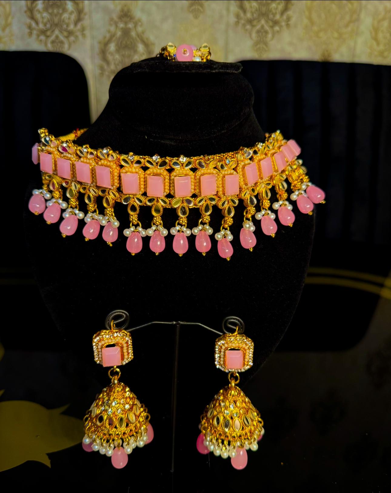 Fancy Pink & Mint Green Choker Set with Jhumka Style Earings + Bindi