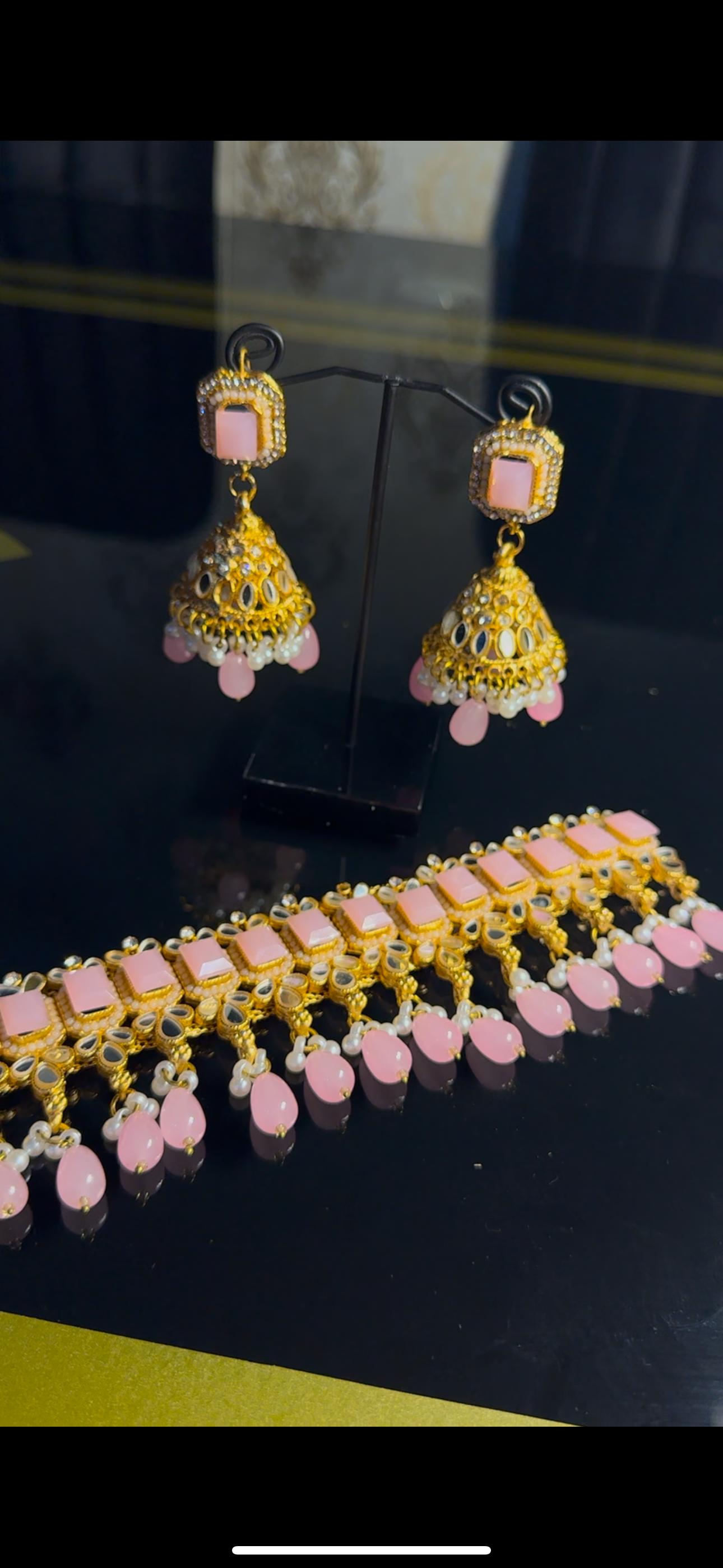 Fancy Pink & Mint Green Choker Set with Jhumka Style Earings + Bindi